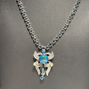Vintage Blue Rhinestone Necklace Czech Glass Style Winged Pendant